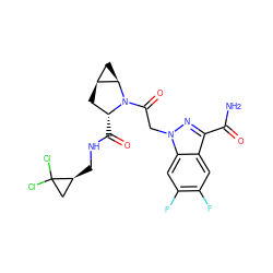 NC(=O)c1nn(CC(=O)N2[C@H](C(=O)NC[C@H]3CC3(Cl)Cl)C[C@H]3C[C@H]32)c2cc(F)c(F)cc12 ZINC000210832022