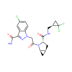 NC(=O)c1nn(CC(=O)N2[C@H](C(=O)NC[C@H]3CC3(Cl)Cl)C[C@H]3C[C@H]32)c2ccc(Cl)cc12 ZINC000210832070