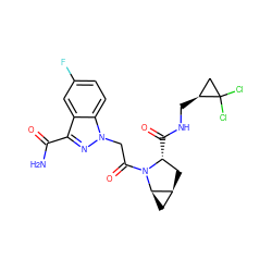 NC(=O)c1nn(CC(=O)N2[C@H](C(=O)NC[C@H]3CC3(Cl)Cl)C[C@H]3C[C@H]32)c2ccc(F)cc12 ZINC000210832115