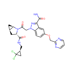 NC(=O)c1nn(CC(=O)N2[C@H](C(=O)NC[C@H]3CC3(Cl)Cl)C[C@H]3C[C@H]32)c2ccc(OCc3ncccn3)cc12 ZINC000210845129
