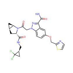 NC(=O)c1nn(CC(=O)N2[C@H](C(=O)NC[C@H]3CC3(Cl)Cl)C[C@H]3C[C@H]32)c2ccc(OCc3nccs3)cc12 ZINC000217755837