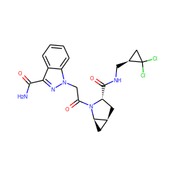 NC(=O)c1nn(CC(=O)N2[C@H](C(=O)NC[C@H]3CC3(Cl)Cl)C[C@H]3C[C@H]32)c2ccccc12 ZINC000210861389