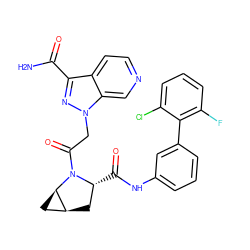NC(=O)c1nn(CC(=O)N2[C@H](C(=O)Nc3cccc(-c4c(F)cccc4Cl)c3)C[C@H]3C[C@H]32)c2cnccc12 ZINC000143892725