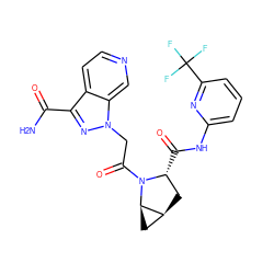 NC(=O)c1nn(CC(=O)N2[C@H](C(=O)Nc3cccc(C(F)(F)F)n3)C[C@H]3C[C@H]32)c2cnccc12 ZINC000143897056