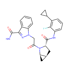 NC(=O)c1nn(CC(=O)N2[C@H](C(=O)Nc3cccc(C4CC4)c3F)C[C@H]3C[C@H]32)c2ccccc12 ZINC000473179090