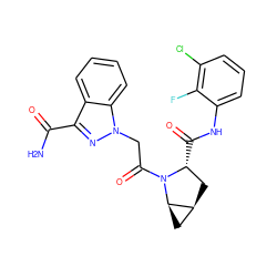 NC(=O)c1nn(CC(=O)N2[C@H](C(=O)Nc3cccc(Cl)c3F)C[C@H]3C[C@H]32)c2ccccc12 ZINC000143947513