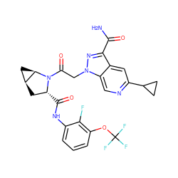 NC(=O)c1nn(CC(=O)N2[C@H](C(=O)Nc3cccc(OC(F)(F)F)c3F)C[C@H]3C[C@H]32)c2cnc(C3CC3)cc12 ZINC000143885465