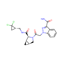NC(=O)c1nn(CC(=O)N2C[C@H]3C[C@H]3[C@H]2C(=O)NC[C@@H]2CC2(Cl)Cl)c2ccccc12 ZINC000217631240