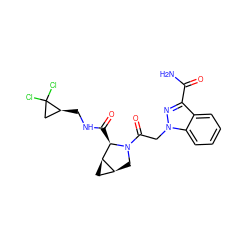 NC(=O)c1nn(CC(=O)N2C[C@H]3C[C@H]3[C@H]2C(=O)NC[C@H]2CC2(Cl)Cl)c2ccccc12 ZINC001772656021