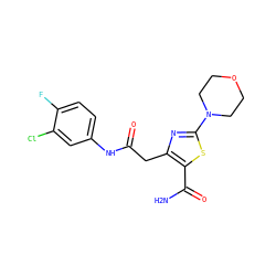 NC(=O)c1sc(N2CCOCC2)nc1CC(=O)Nc1ccc(F)c(Cl)c1 ZINC000103243880
