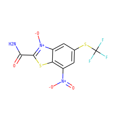 NC(=O)c1sc2c([N+](=O)[O-])cc(SC(F)(F)F)cc2[n+]1[O-] ZINC000038792063