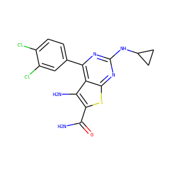 NC(=O)c1sc2nc(NC3CC3)nc(-c3ccc(Cl)c(Cl)c3)c2c1N ZINC000073224542