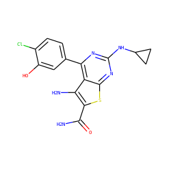 NC(=O)c1sc2nc(NC3CC3)nc(-c3ccc(Cl)c(O)c3)c2c1N ZINC000073240602