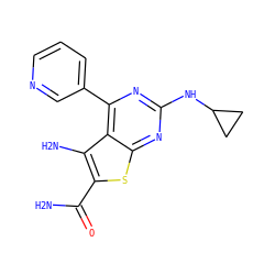 NC(=O)c1sc2nc(NC3CC3)nc(-c3cccnc3)c2c1N ZINC000073219711