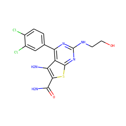 NC(=O)c1sc2nc(NCCO)nc(-c3ccc(Cl)c(Cl)c3)c2c1N ZINC000073224545
