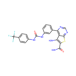 NC(=O)c1sc2ncnc(-c3cccc(NC(=O)Nc4ccc(C(F)(F)F)cc4)c3)c2c1N ZINC000073225060