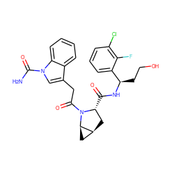 NC(=O)n1cc(CC(=O)N2[C@H](C(=O)N[C@H](CCO)c3cccc(Cl)c3F)C[C@H]3C[C@H]32)c2ccccc21 ZINC000148254180