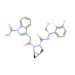 NC(=O)n1cc(CC(=O)N2[C@H](C(=O)N[C@H](CO)c3cccc(Cl)c3F)C[C@H]3C[C@H]32)c2ccccc21 ZINC000148097456