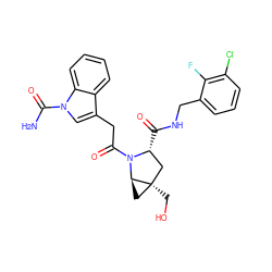 NC(=O)n1cc(CC(=O)N2[C@H](C(=O)NCc3cccc(Cl)c3F)C[C@@]3(CO)C[C@@H]23)c2ccccc21 ZINC000148179356