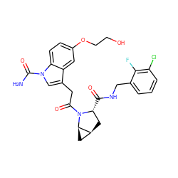 NC(=O)n1cc(CC(=O)N2[C@H](C(=O)NCc3cccc(Cl)c3F)C[C@H]3C[C@H]32)c2cc(OCCO)ccc21 ZINC000148064349