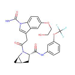 NC(=O)n1cc(CC(=O)N2[C@H](C(=O)Nc3cccc(OC(F)(F)F)c3)C[C@H]3C[C@H]32)c2cc(OCCO)ccc21 ZINC000148187273