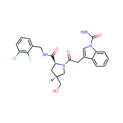 NC(=O)n1cc(CC(=O)N2C[C@@](F)(CO)C[C@H]2C(=O)NCc2cccc(Cl)c2F)c2ccccc21 ZINC000148224237