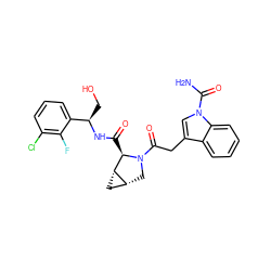 NC(=O)n1cc(CC(=O)N2C[C@@H]3C[C@@H]3[C@H]2C(=O)N[C@H](CO)c2cccc(Cl)c2F)c2ccccc21 ZINC000148330662