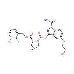 NC(=O)n1cc(CC(=O)N2C[C@@H]3C[C@@H]3[C@H]2C(=O)NCc2cccc(Cl)c2F)c2cc(OCCO)ccc21 ZINC000148172479
