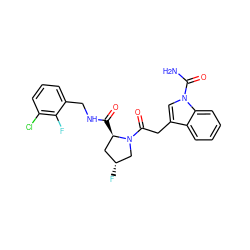 NC(=O)n1cc(CC(=O)N2C[C@H](F)C[C@H]2C(=O)NCc2cccc(Cl)c2F)c2ccccc21 ZINC000148076835