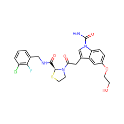 NC(=O)n1cc(CC(=O)N2CCS[C@H]2C(=O)NCc2cccc(Cl)c2F)c2cc(OCCO)ccc21 ZINC000148057283