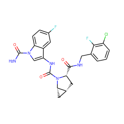 NC(=O)n1cc(NC(=O)N2[C@H](C(=O)NCc3cccc(Cl)c3F)C[C@@H]3C[C@@H]32)c2cc(F)ccc21 ZINC000205039284