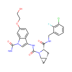 NC(=O)n1cc(NC(=O)N2[C@H](C(=O)NCc3cccc(Cl)c3F)C[C@@H]3C[C@@H]32)c2ccc(OCCO)cc21 ZINC000205054130