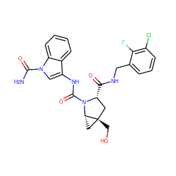 NC(=O)n1cc(NC(=O)N2[C@H](C(=O)NCc3cccc(Cl)c3F)C[C@]3(CO)C[C@H]23)c2ccccc21 ZINC000148414393