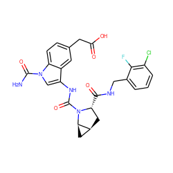 NC(=O)n1cc(NC(=O)N2[C@H](C(=O)NCc3cccc(Cl)c3F)C[C@H]3C[C@H]32)c2cc(CC(=O)O)ccc21 ZINC000148321568