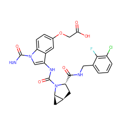 NC(=O)n1cc(NC(=O)N2[C@H](C(=O)NCc3cccc(Cl)c3F)C[C@H]3C[C@H]32)c2cc(OCC(=O)O)ccc21 ZINC000148176233