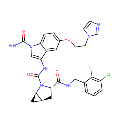 NC(=O)n1cc(NC(=O)N2[C@H](C(=O)NCc3cccc(Cl)c3F)C[C@H]3C[C@H]32)c2cc(OCCn3ccnc3)ccc21 ZINC000200872811