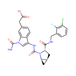 NC(=O)n1cc(NC(=O)N2[C@H](C(=O)NCc3cccc(Cl)c3F)C[C@H]3C[C@H]32)c2ccc(CC(=O)O)cc21 ZINC000148074480