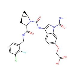 NC(=O)n1cc(NC(=O)N2[C@H](C(=O)NCc3cccc(Cl)c3F)C[C@H]3C[C@H]32)c2ccc(OCC(=O)O)cc21 ZINC000148337127