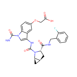 NC(=O)n1cc(NC(=O)N2[C@H](C(=O)NCc3ccccc3F)C[C@H]3C[C@H]32)c2cc(OCC(=O)O)ccc21 ZINC000148353310