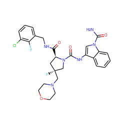 NC(=O)n1cc(NC(=O)N2C[C@@](F)(CN3CCOCC3)C[C@H]2C(=O)NCc2cccc(Cl)c2F)c2ccccc21 ZINC000205054203
