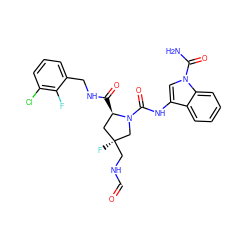 NC(=O)n1cc(NC(=O)N2C[C@@](F)(CNC=O)C[C@H]2C(=O)NCc2cccc(Cl)c2F)c2ccccc21 ZINC000148159075