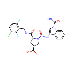 NC(=O)n1cc(NC(=O)N2C[C@@H](C(=O)O)C[C@H]2C(=O)NCc2c(F)ccc(Cl)c2F)c2ccccc21 ZINC000148033132