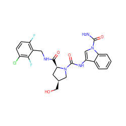 NC(=O)n1cc(NC(=O)N2C[C@@H](CO)C[C@H]2C(=O)NCc2c(F)ccc(Cl)c2F)c2ccccc21 ZINC000148211606