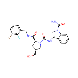 NC(=O)n1cc(NC(=O)N2C[C@@H](CO)C[C@H]2C(=O)NCc2cccc(Br)c2F)c2ccccc21 ZINC000148379477