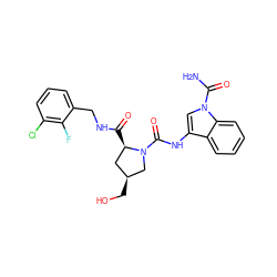 NC(=O)n1cc(NC(=O)N2C[C@@H](CO)C[C@H]2C(=O)NCc2cccc(Cl)c2F)c2ccccc21 ZINC000148360202