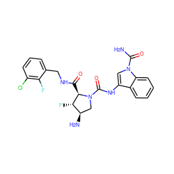 NC(=O)n1cc(NC(=O)N2C[C@@H](N)[C@H](F)[C@H]2C(=O)NCc2cccc(Cl)c2F)c2ccccc21 ZINC000205054591