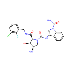 NC(=O)n1cc(NC(=O)N2C[C@@H](N)[C@H](O)[C@H]2C(=O)NCc2cccc(Cl)c2F)c2ccccc21 ZINC000205056557