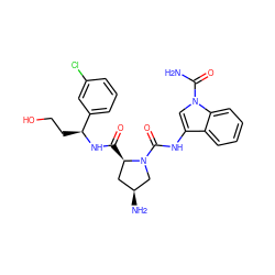NC(=O)n1cc(NC(=O)N2C[C@@H](N)C[C@H]2C(=O)N[C@@H](CCO)c2cccc(Cl)c2)c2ccccc21 ZINC000143944673