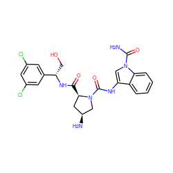 NC(=O)n1cc(NC(=O)N2C[C@@H](N)C[C@H]2C(=O)N[C@@H](CO)c2cc(Cl)cc(Cl)c2)c2ccccc21 ZINC000143903622