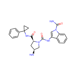 NC(=O)n1cc(NC(=O)N2C[C@@H](N)C[C@H]2C(=O)NC2(c3ccccc3)CC2)c2ccccc21 ZINC000143889762